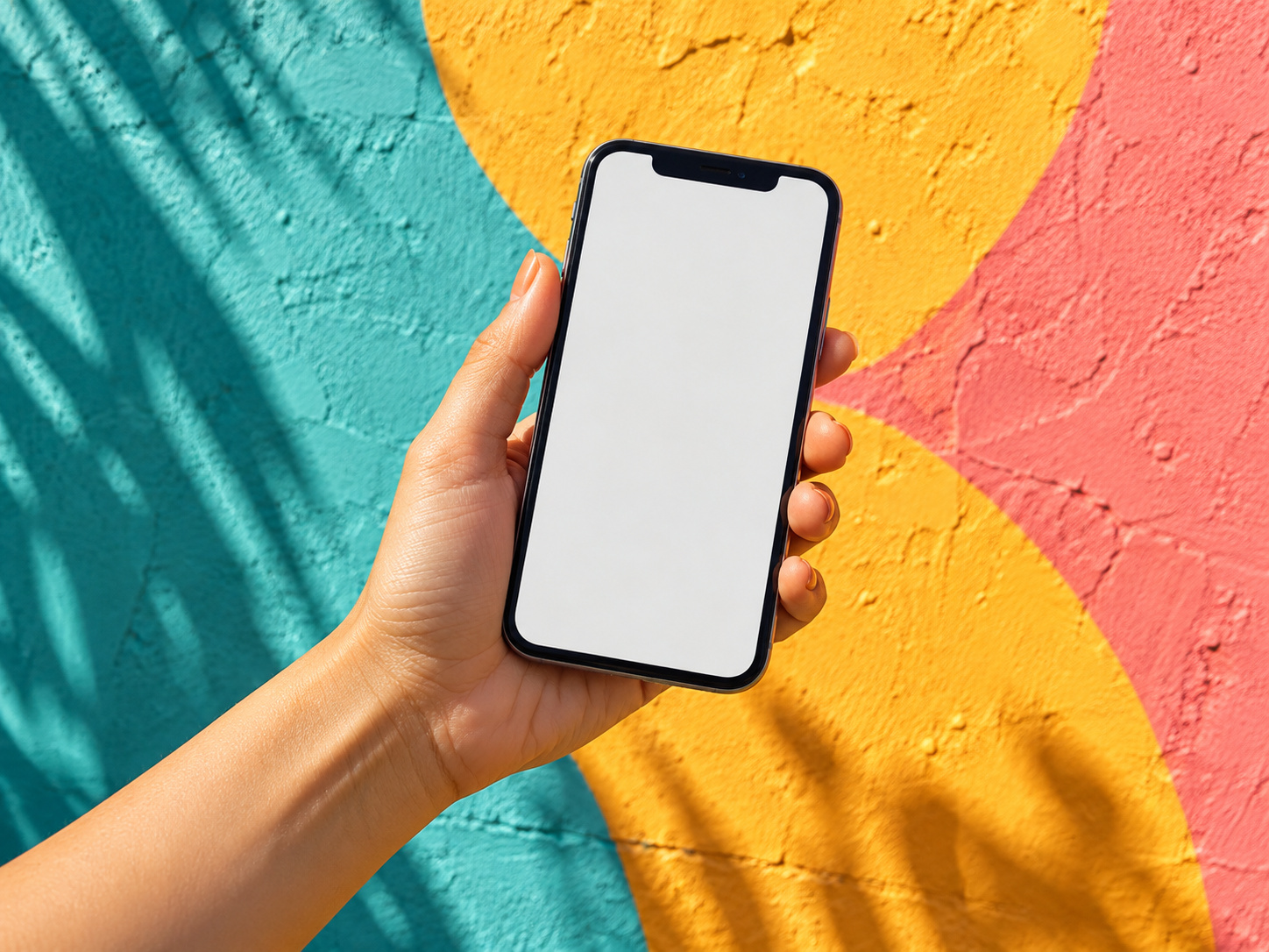 A hand holding a phone against a bright wall